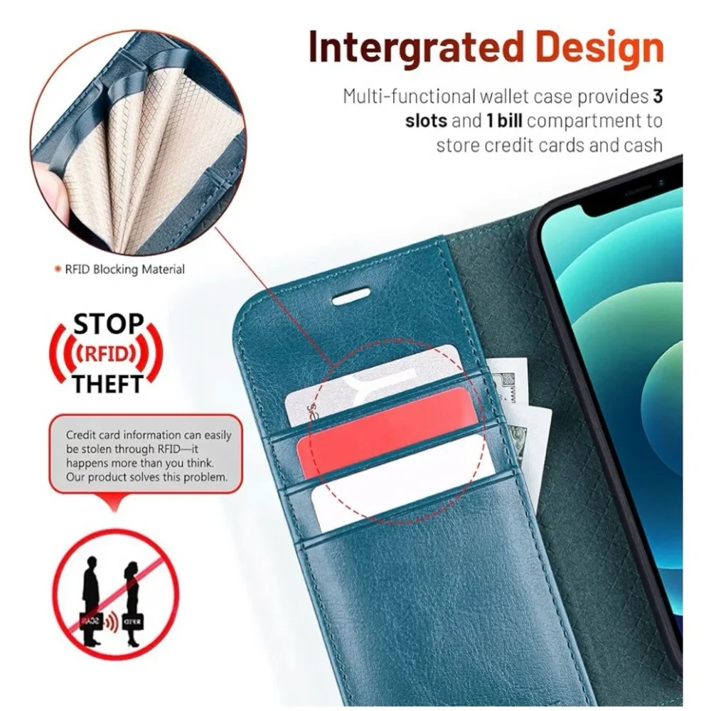 OCASE iPhone 12 / 12 Pro Wallet Case RFID PU Leather Flip Kickstand Peacock Blue